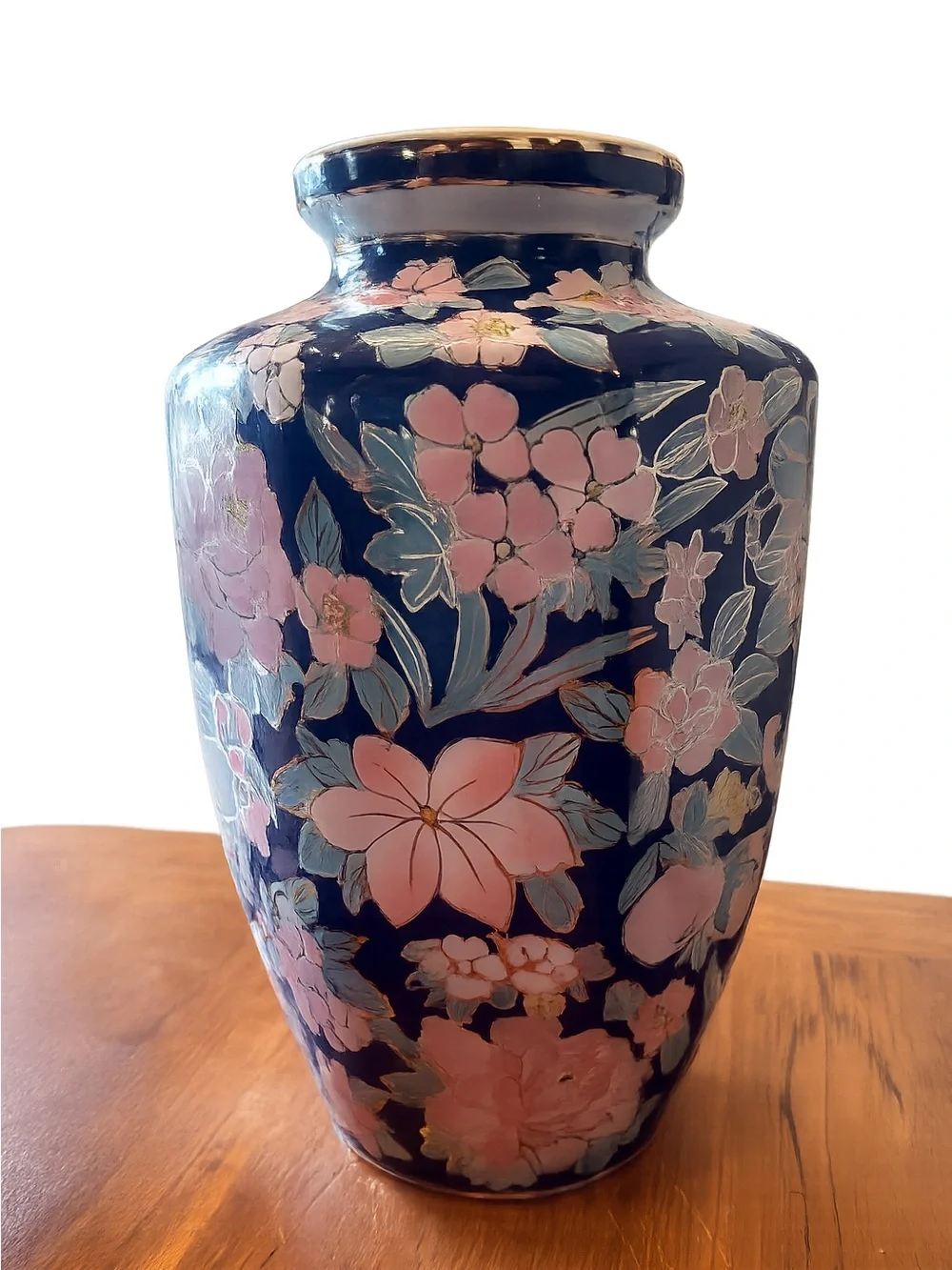 Vintage Pier 1 Cobalt Blue Floral Porcelain Vase | Hand Painted Pink Flowers